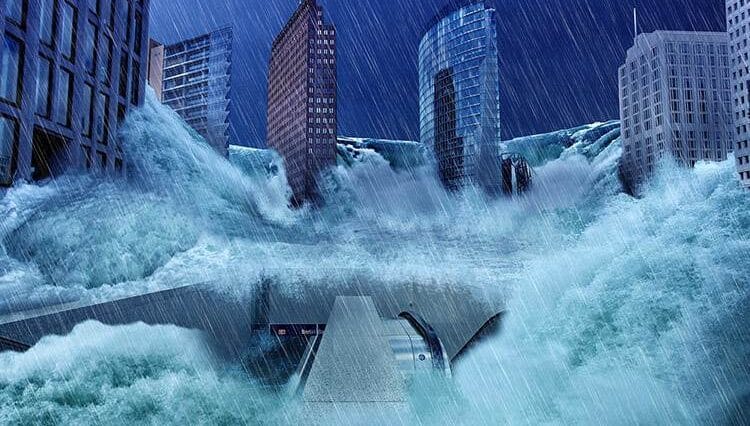 powódź zmiany klimatyczne fale wody kataklizm wieżowce miasto