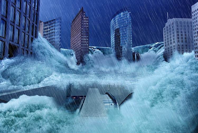 powódź zmiany klimatyczne fale wody kataklizm wieżowce miasto